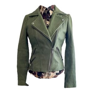 BCBGMaxAzria Green Leather Moto Jacket Asymmetrical Zipper